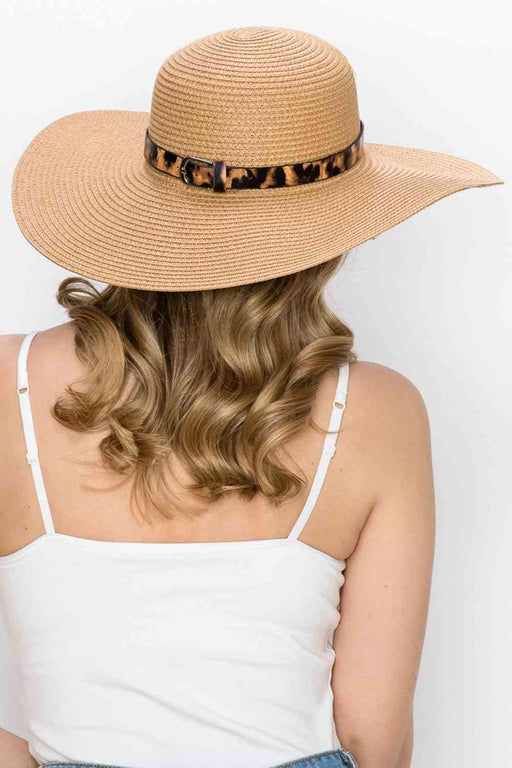 Leopard Print Straw Sunhat with Wide Brim and Belt
