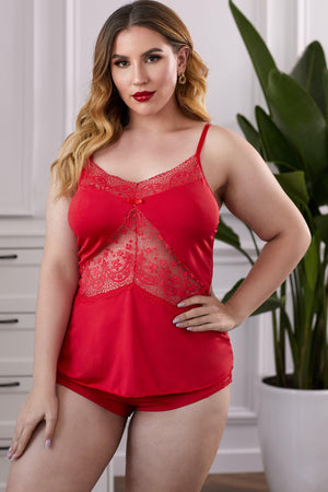 Lace Insert Plus Size Pajamas Set-Trendsi-Red-1X-Très Elite