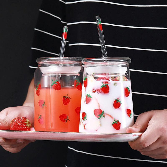 Cute Strawberry-Themed Glass Tumbler with Straw - 600ML Capacity