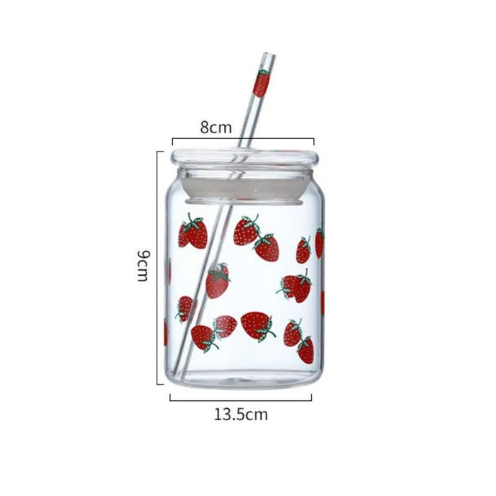 Strawberry Glass Cup - Cute Fruit Motif Water Tumbler with Straw - 600ML