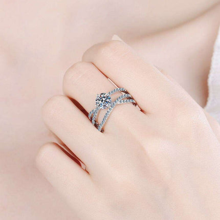 Radiant Moissanite Crisscross Silver Ring - Timeless Glamour