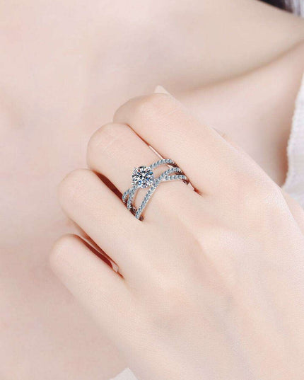 Radiant Moissanite Crisscross Silver Ring - Timeless Glamour