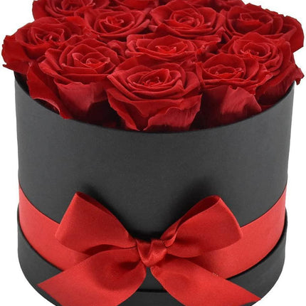 Everlasting Romance: 12 Stem Preserved Red Rose Bouquet in Elegant Round Case
