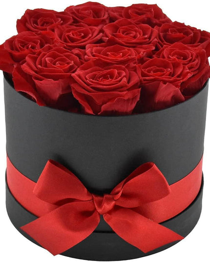 Everlasting Romance: 12 Stem Preserved Red Rose Bouquet in Elegant Round Case