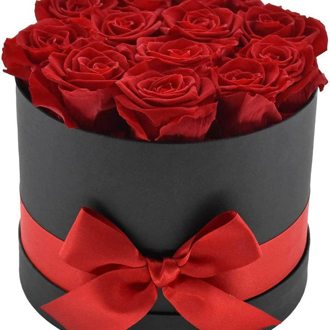 Everlasting Romance: 12 Stem Preserved Red Rose Bouquet in Elegant Round Case
