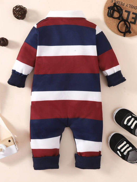 Striped Collared Winter Baby Jumpsuit for Infants