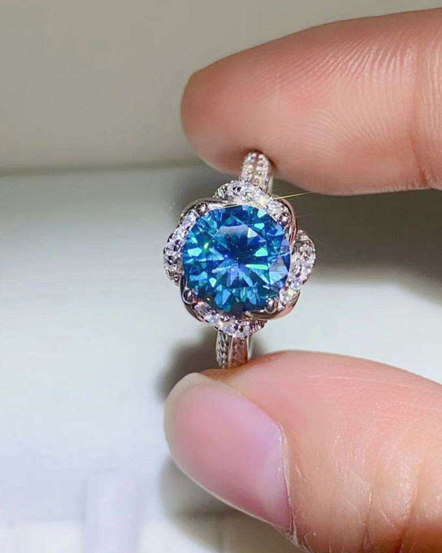 Elegant Cobalt Blue Moissanite Ring Set with Zircon Accents and Certificate of Authenticity
