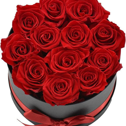 Everlasting Romance: 12 Stem Preserved Red Rose Bouquet in Elegant Round Case