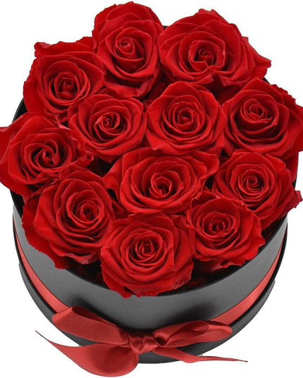 Everlasting Romance: 12 Stem Preserved Red Rose Bouquet in Elegant Round Case