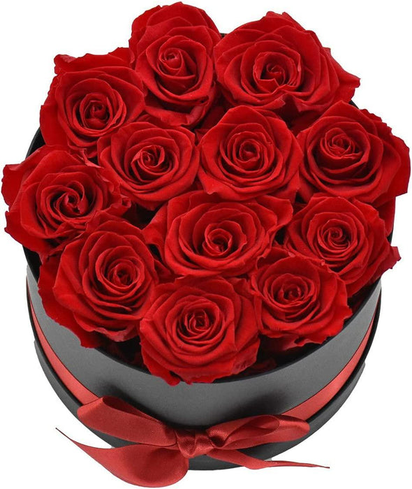 Everlasting Romance: 12 Stem Preserved Red Rose Bouquet in Elegant Round Case