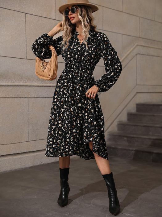 Floral A-line Midi Dress with Smocked Waist and Long Sleeves