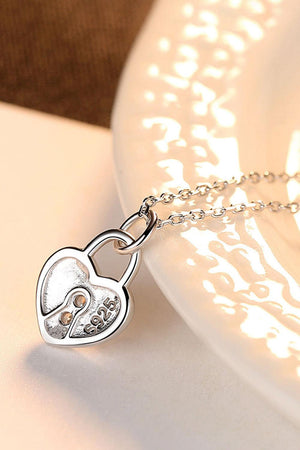 Heart Lock Pendant 925 Sterling Silver Necklace-Trendsi-Silver-One Size-Très Elite