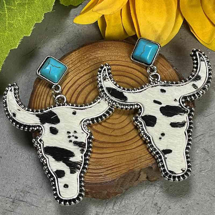 Turquoise Bull Drop Earrings with Cowhide and Alloy