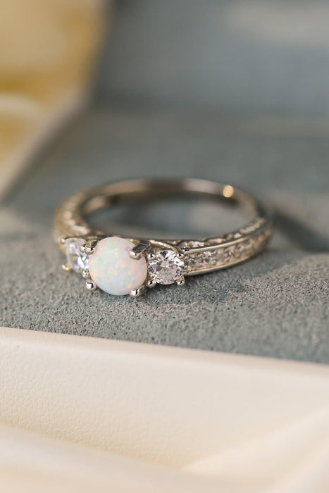 Opal and Zircon Platinum Ring with Australian Gemstone - Elegant Jewelry Piece for Modern Sophistication