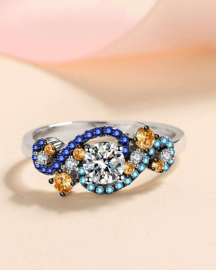 Elegant Moissanite and Zircon Sterling Silver Ring Set with Rhodium Finish