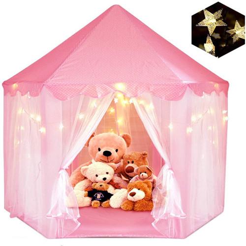 Portable Folding Princess Castle Tent Kids Play Fairy House Kids Play Tent(Warm LED Star Lights)