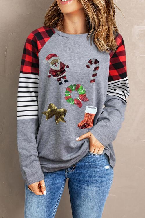 Sequin Embellished Christmas Sweatshirt with Round Neck
