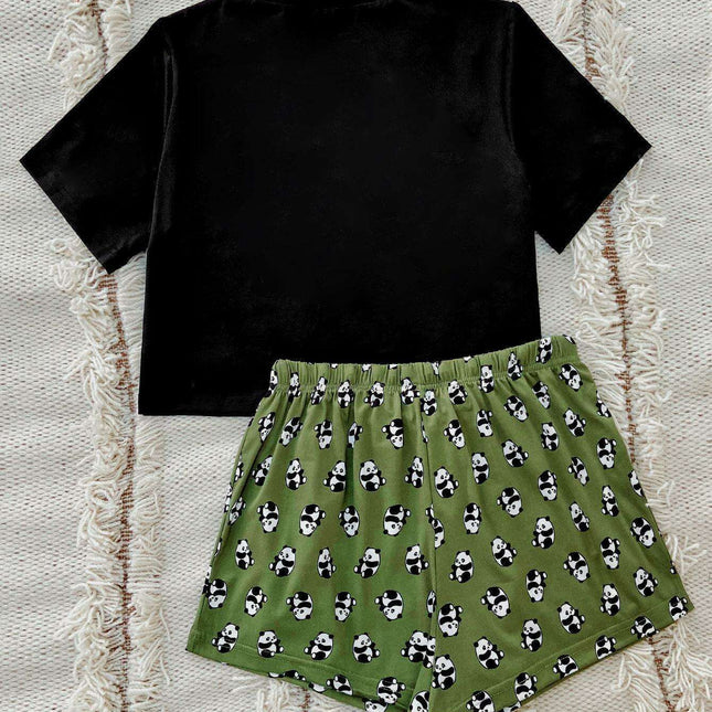 Panda Print Cozy Lounge Set with Tee and Shorts