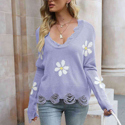 Cozy Blossom Distressed Knit Sweater