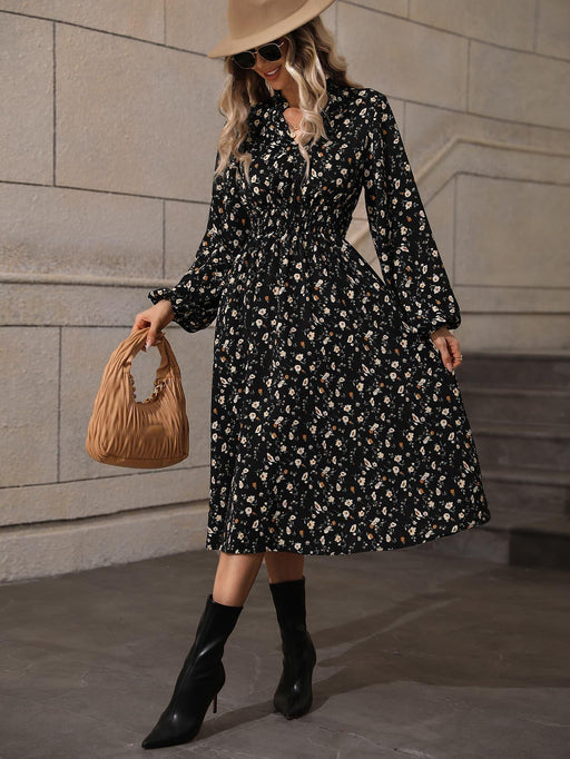 Floral A-line Midi Dress with Smocked Waist and Long Sleeves