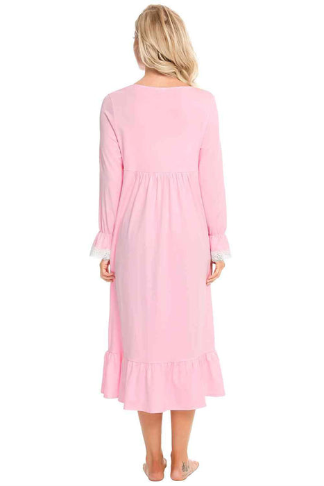 Elegant Midnight: Cotton Blend Lace Nightgown with Flounce Sleeves