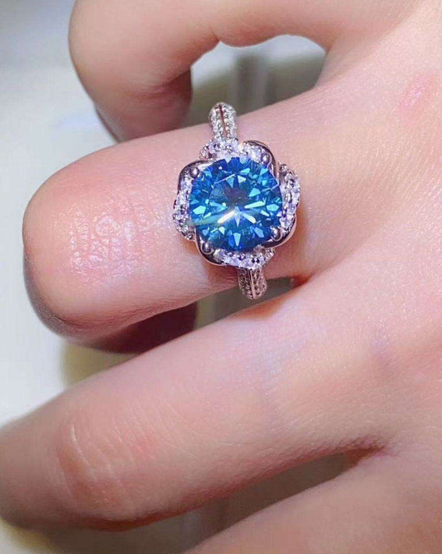 Elegant Cobalt Blue Moissanite Ring Set with Zircon Accents and Certificate of Authenticity