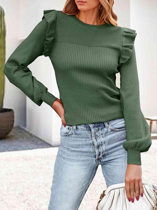 Ruffled Ribbed Knit Top with Round Neck - Stylish Comfort