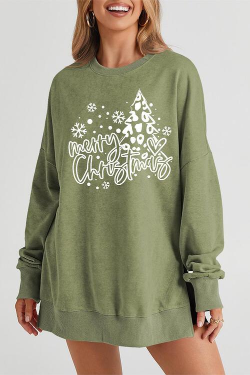 Cozy Holiday Season Round Neck Long Sleeve Split Sweatshirt