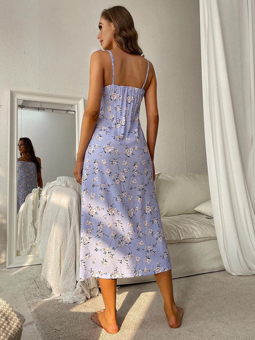 Floral Print Tie-Shoulder Elegant Midi Night Dress
