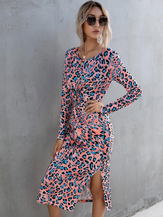 Leopard Print Twisted Slit Midi Dress