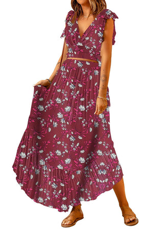Printed Tie Back Cropped Top and Maxi Skirt Set-Trendsi-Red-S-Très Elite
