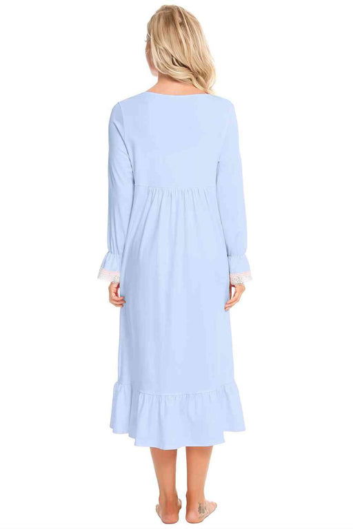 Elegant Midnight: Cotton Blend Lace Nightgown with Flounce Sleeves