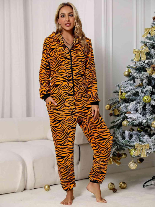 Cozy Animal Print Zip-Up Lounge Jumpsuit with Handy Pockets