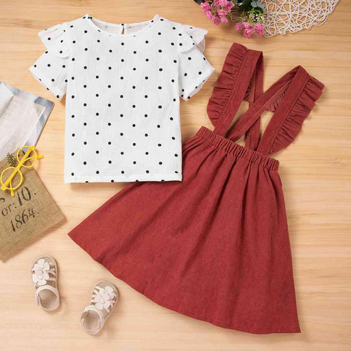 Cute Polka Dot Two-Piece Set with Short Sleeve Top and Overall Skirt