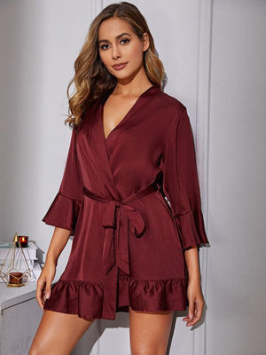 Women's Belted Robe Bathrobe Loungewear-kakaclo-Wine Red-S-Très Elite