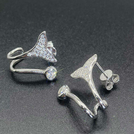 Elegant Rhodium-Plated Sterling Silver Fishtail Earrings with Dazzling Lab-Diamond Details