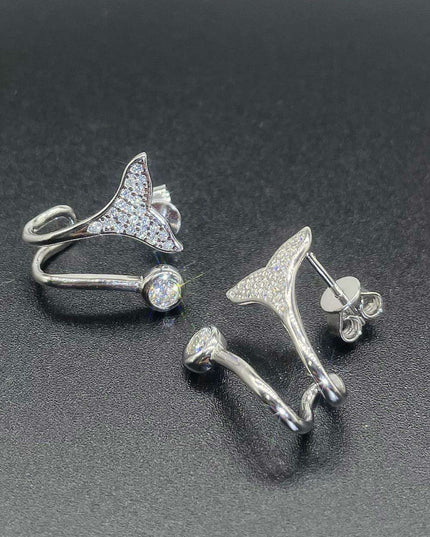Elegant Rhodium-Plated Sterling Silver Fishtail Earrings with Dazzling Lab-Diamond Details