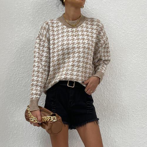 Cozy Houndstooth Knit Sweater with Drop Shoulder
