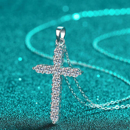 Exquisite Sterling Silver Cross Necklace with Lab Grown Diamond & Rhodium Finish - A Classic Emblem of Refinement