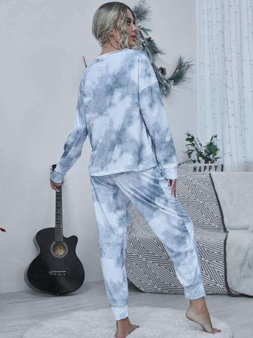 Tie-Dye Lounge Set with Round Neck Top and Drawstring Pants for Stylish Lounging