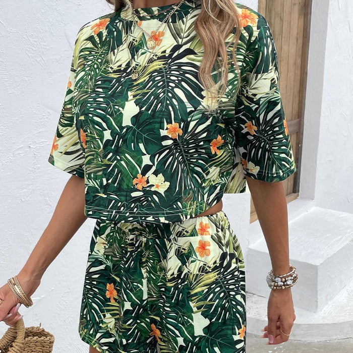Chic Floral Drop Shoulder Two-Piece Set with Matching Shorts
