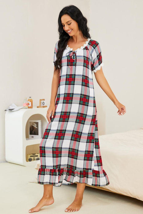 Cozy Plaid Nightgown with Lace Trim and Ruffle Detail