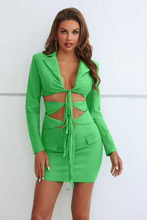 Cutout Tied Blazer and Skirt Set-Trendsi-Mid Green-S-Très Elite