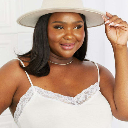 Elegant Beige Fedora Hat with Black Faux Leather Band and Gold Accent