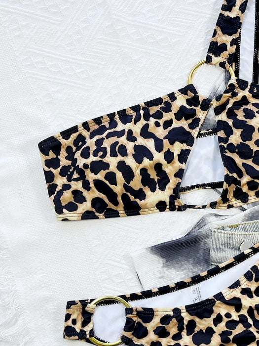 Leopard Print Asymmetrical Cutout Bikini Set
