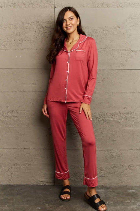 Cozy Button-Up Collared Pajama Set with Matching Trousers