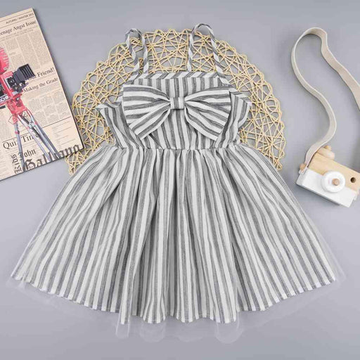 Striped Bow Detail Spaghetti Strap Dress for Girls