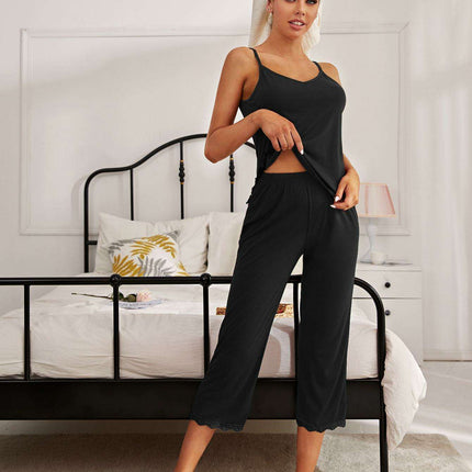 Chic Lace-Accented V-Neck Cami and Trouser Sleep Set