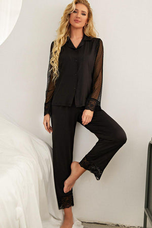 Spliced Lace Lapel Collar Pajama Set-Trendsi-Black-S-Très Elite
