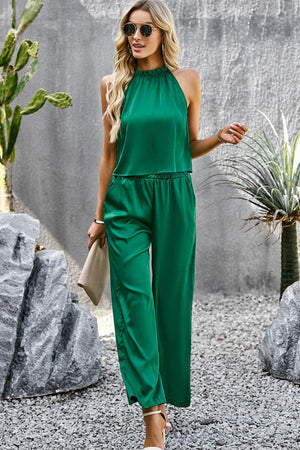 Grecian Neck Sleeveless Pocketed Top and Pants Set-Trendsi-Green-S-Très Elite